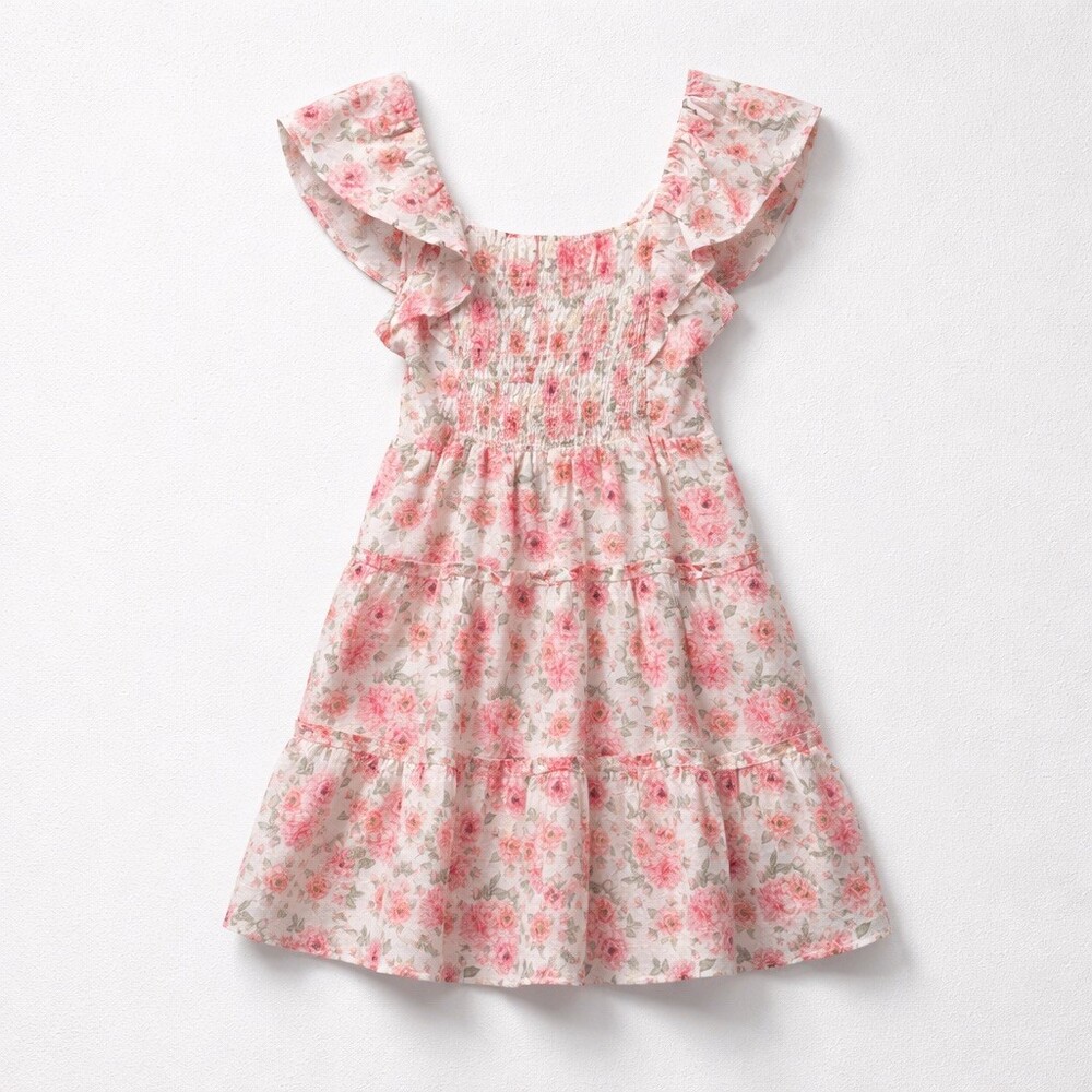 Just Me Dress Womens Small Ivory Pink Floral Smocked Fit & Flare Mini - Picture 3 of 8